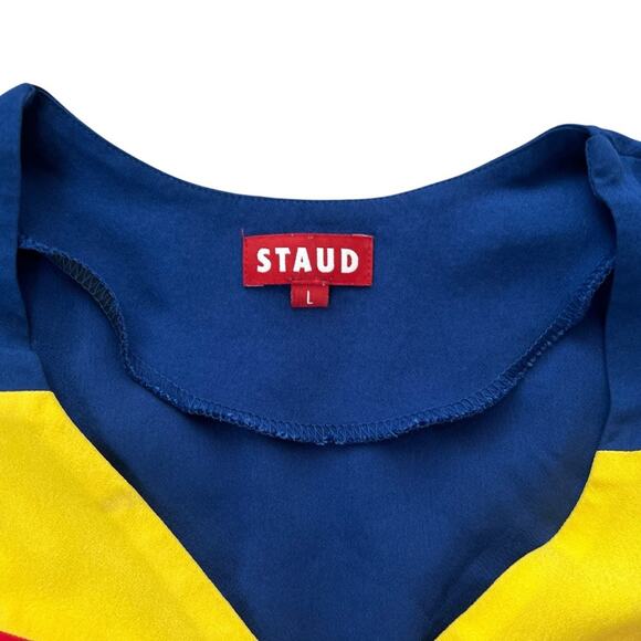 Staud Women’s Nautical Striped Navy Yellow Red Boxy Collared Button Blouse Top L - Picture 3 of 9